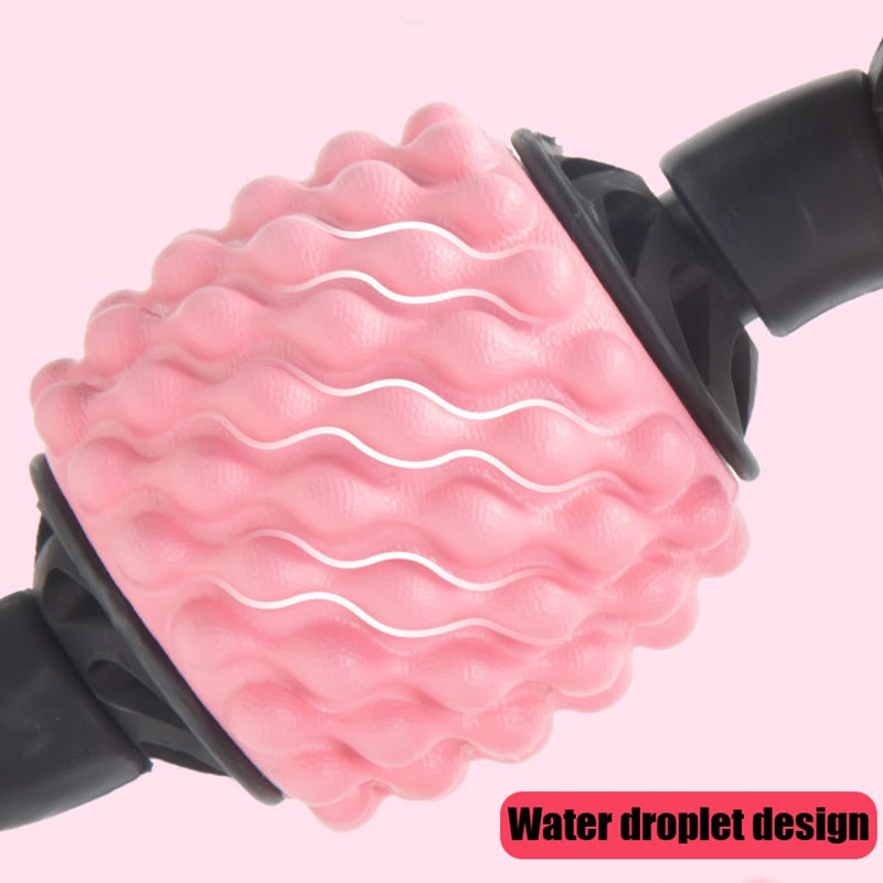 Fitlybuy pink, textured U-shape trigger point massage roller with ergonomic, water droplet-inspired surface design.