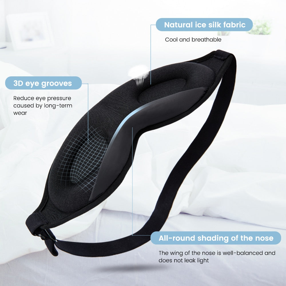Fitlybuy 3D memory foam sleeping mask in black with ice silk fabric, contoured eye grooves, and nose light shading.