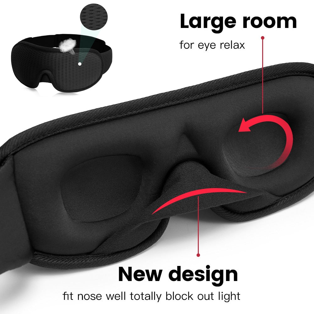 Fitlybuy 3D black memory foam sleeping mask with contoured eye cups and light-blocking nose design for comfort.