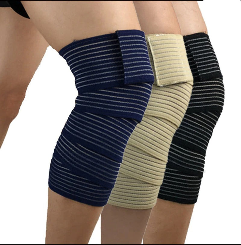 Three Fitlybuy elastic knee compression bandages in navy, beige, and black wrapped around knees for advanced support.