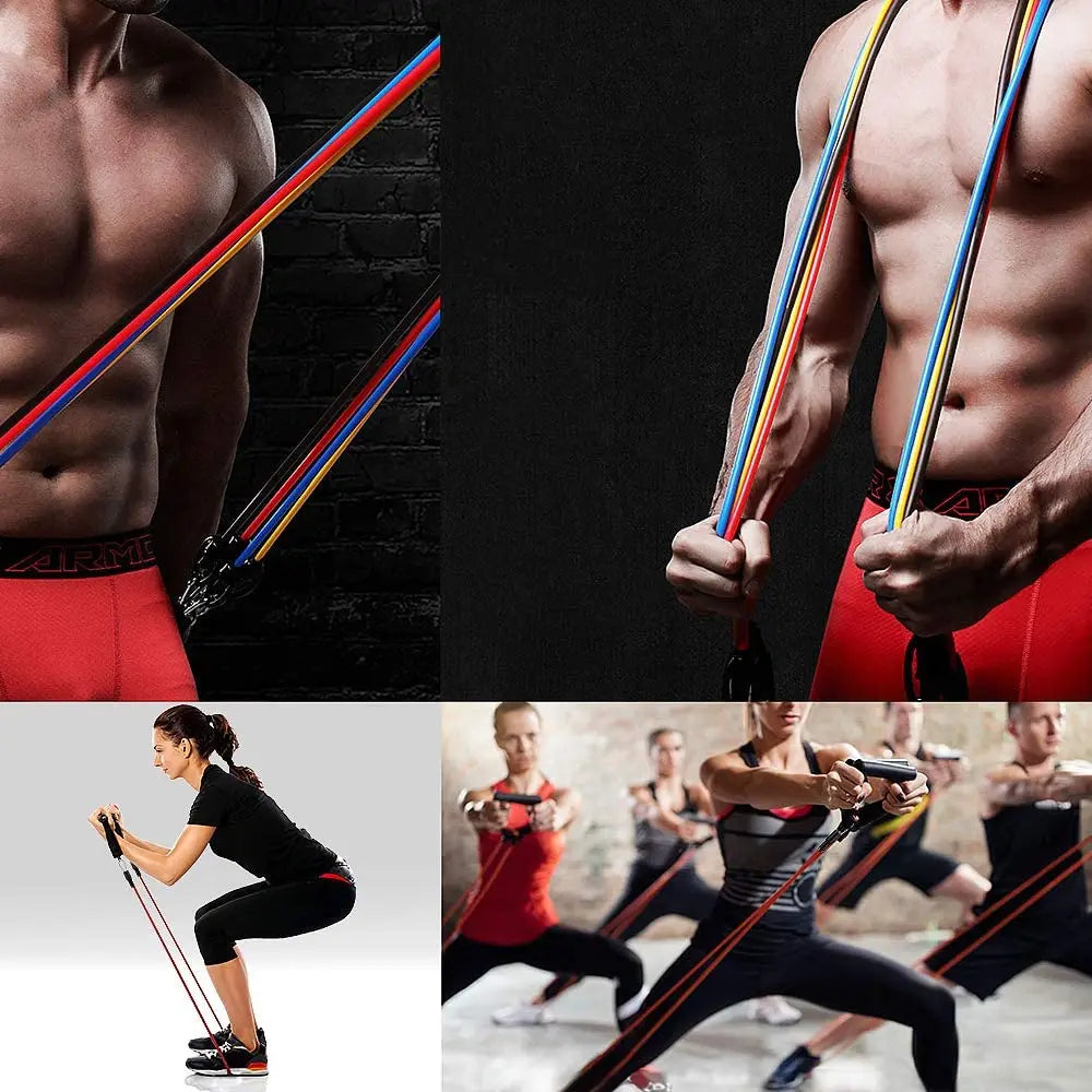 Fitlybuy 11-piece multi-colored resistance band set with adjustable handles shown in use by people performing exercises.