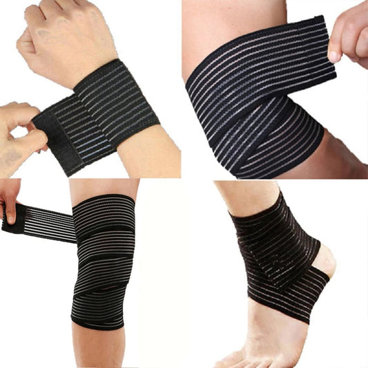 Fitlybuy black high-elasticity compression bandage with white stripes being applied to wrist, elbow, knee, and ankle.