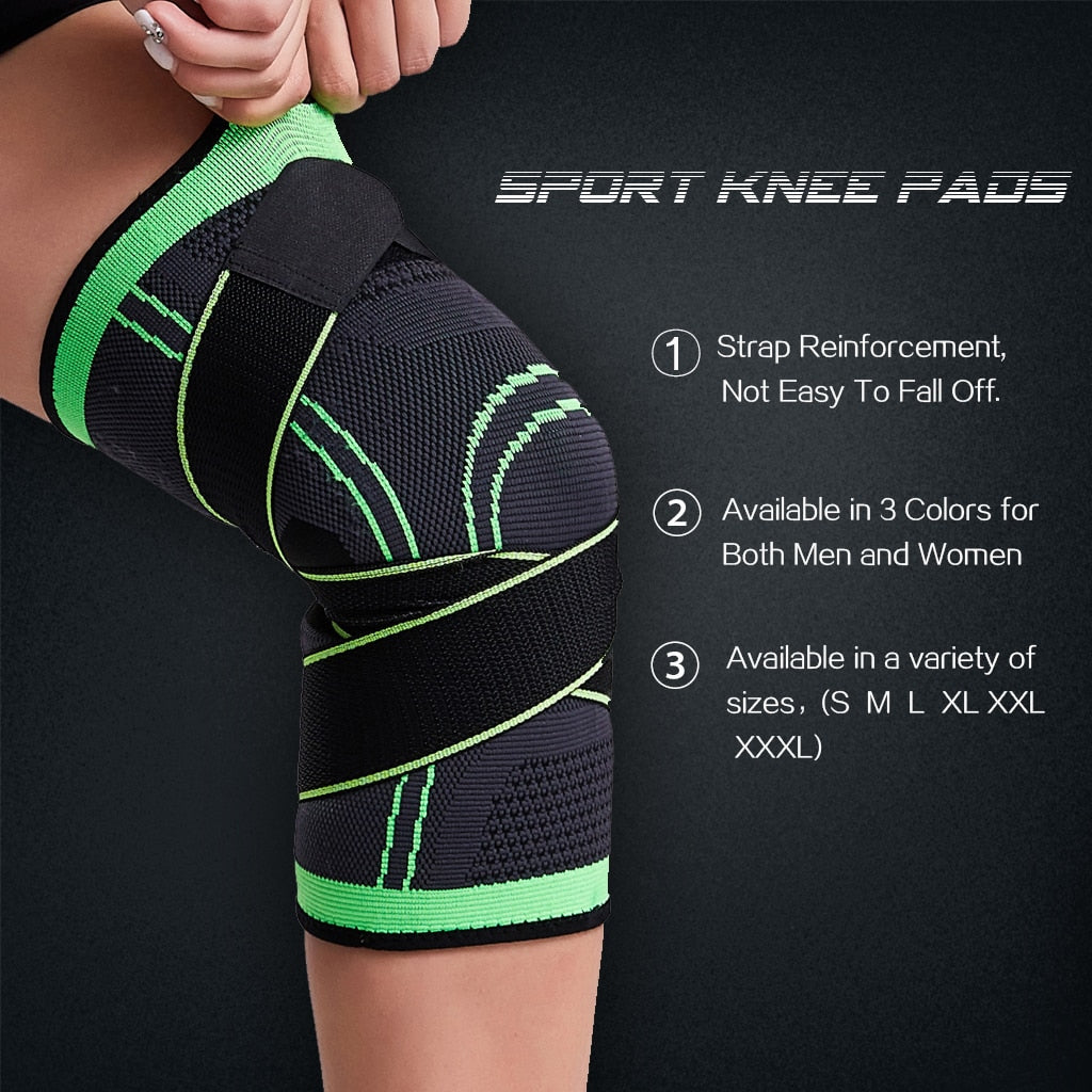 Fitlybuy knee support brace: black and neon green compression sleeve with adjustable wrap straps on a person's leg.