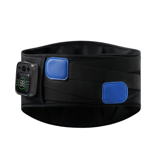 Black Fitlybuy Emberace back massager waistband with a digital display, blue adjustment tabs, and ergonomic design.