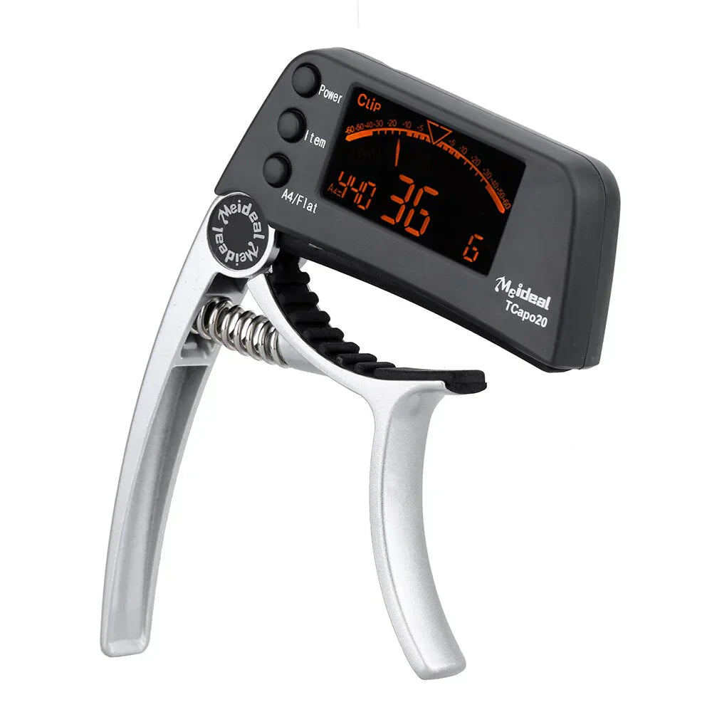 Fitlybuy 2-in-1 silver guitar capo with a black digital tuner featuring an orange LED display on a white background.