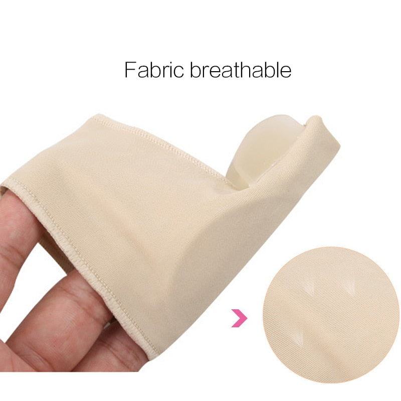 Beige Fitlybuy orthopedic bunion corrector with a breathable, flexible fabric sleeve and integrated gel toe separator.