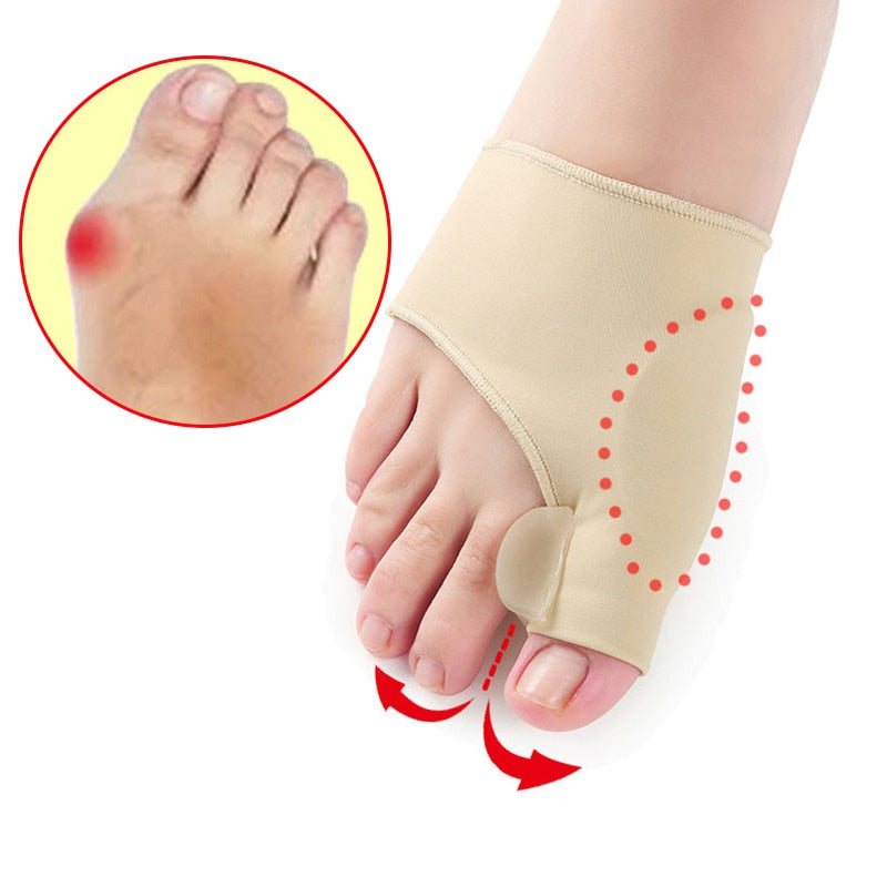 Beige orthopedic bunion corrector sleeve with silicone toe separator worn on a foot to relieve bunion pain.