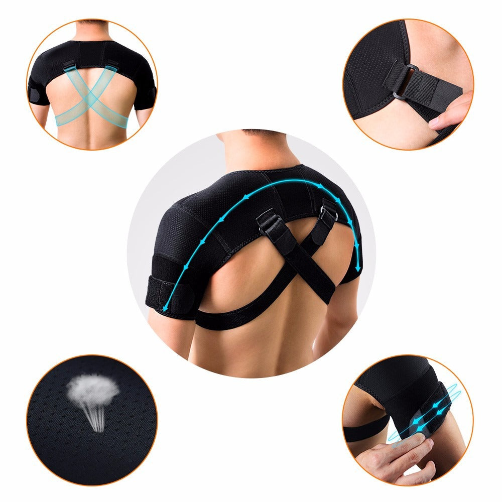 Fitlybuy black dual shoulder compression wrap showing adjustable straps, breathable fabric, and back support fit.