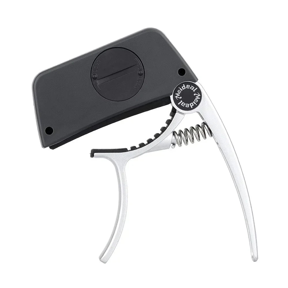 Silver Fitlybuy 2-in-1 guitar capo with integrated digital tuner, featuring a black display housing and spring grip.