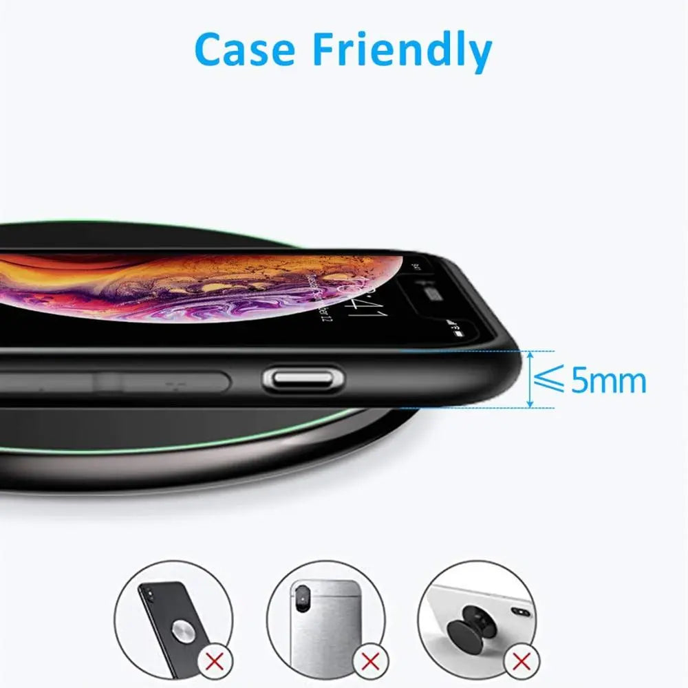 Fitlybuy black wireless charging pad showing a smartphone in a case under 5mm thick; excludes bulky attachments.