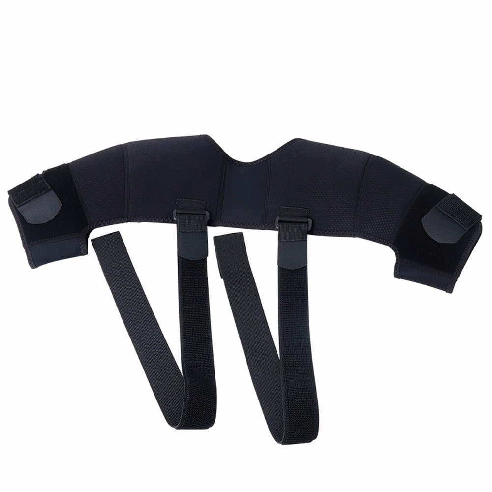 Fitlybuy black dual shoulder compression wrap with adjustable straps and secure Velcro closures on a white background.
