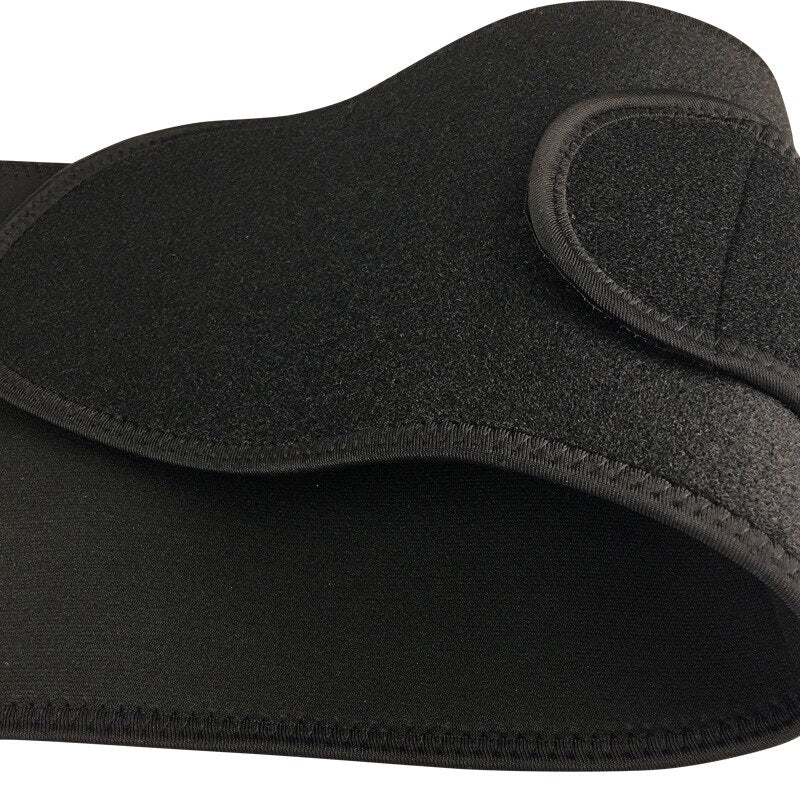 Close-up of a black Fitlybuy lumbar support belt featuring ComfortFlex adjustable straps and durable fabric texture.
