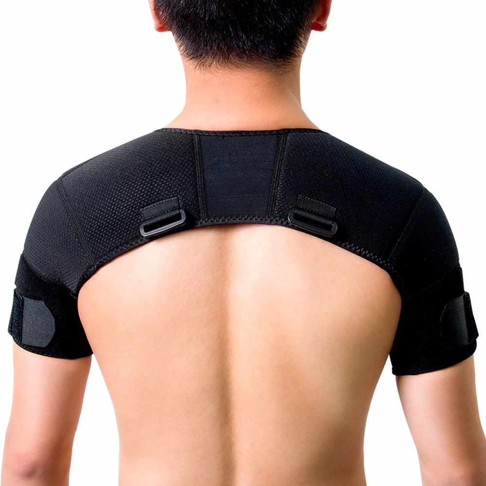 Black Fitlybuy dual shoulder compression wrap with adjustable straps worn on the back to provide support.