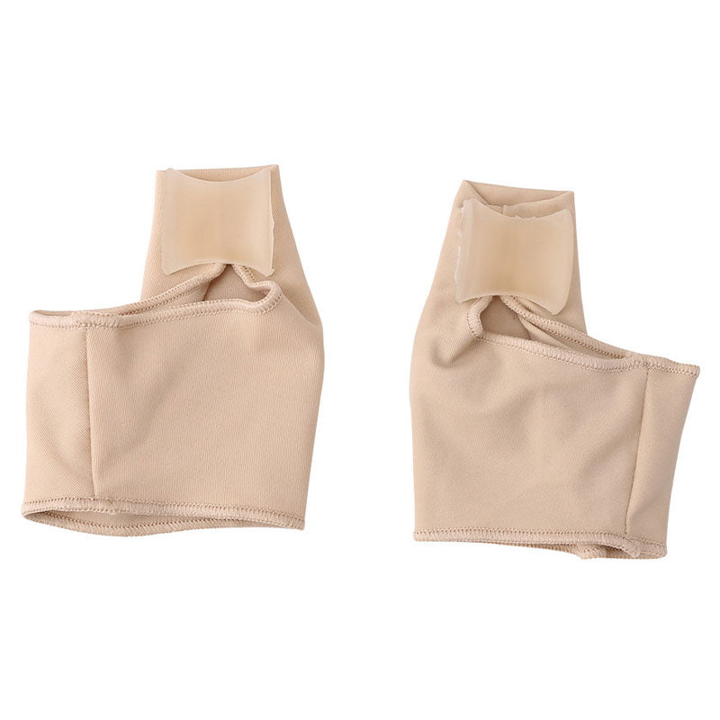 Pair of beige Fitlybuy orthopedic bunion correctors featuring soft fabric sleeves with integrated silicone toe spacers.