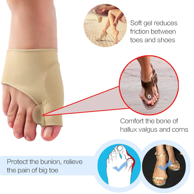 Beige Fitlybuy orthopedic bunion corrector sleeve with gel pad to protect hallux valgus and reduce friction in shoes.