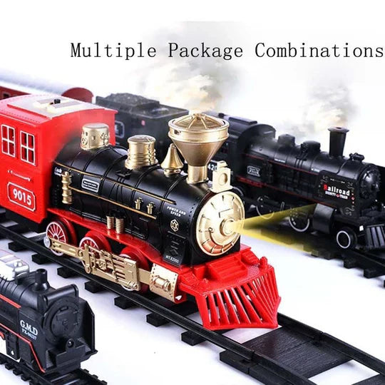 Fitlybuy 39-piece HO scale train set with red and black steam locomotives, working headlights, and smoke on track.