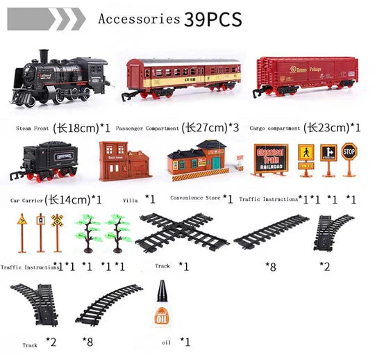Fitlybuy 39-piece HO scale train set with black steam engine, colorful cars, track pieces, buildings, and accessories.