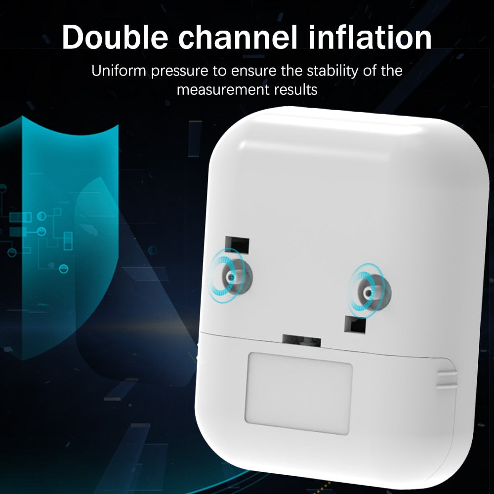 Fitlybuy white digital wrist blood pressure monitor displaying double-channel inflation technology for accurate measurements.
