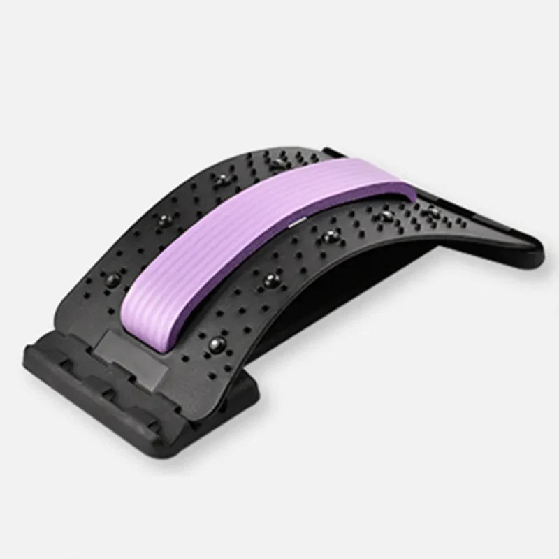 Black Fitlybuy back stretcher with purple cushioning, acupressure nodes, and adjustable arched spine support.