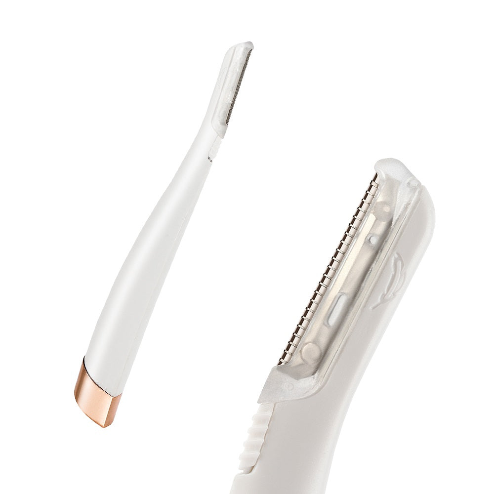 Fitlybuy SoftSkin white facial hair remover with rose gold base and close-up of precision blade head.