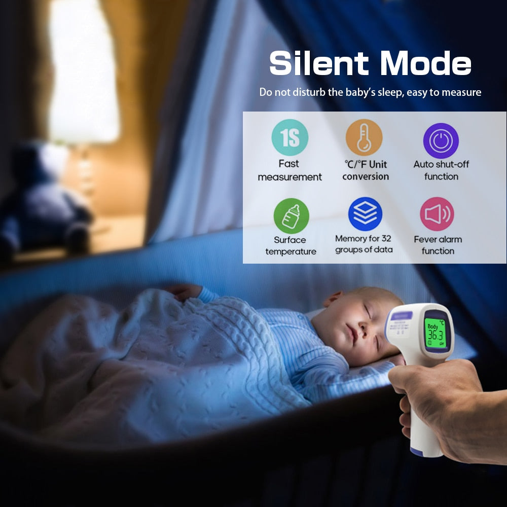 Fitlybuy white digital non-contact infrared thermometer measuring a sleeping baby, highlighting features and silent mode.