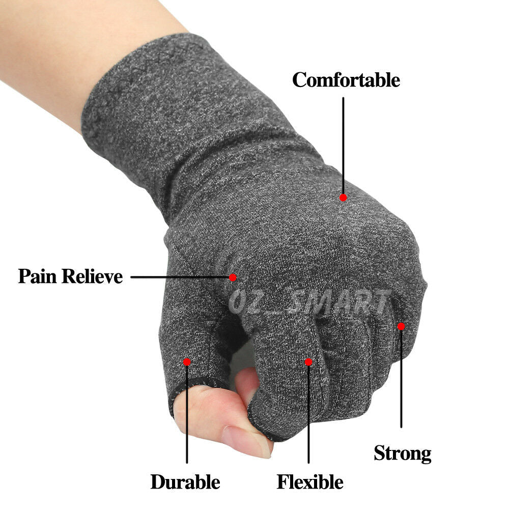Fitlybuy grey therapeutic compression glove for pain relief, showing flexible, durable, and comfortable features.