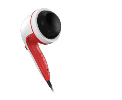 Fitlybuy handheld vibration massager in white and red with a large black massage head, isolated on white background.