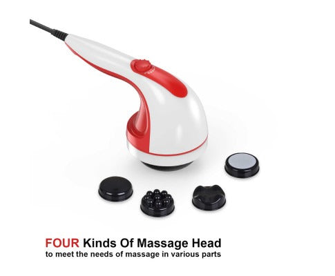 Fitlybuy handheld vibration massager in white and red with a control dial and four interchangeable massage heads.