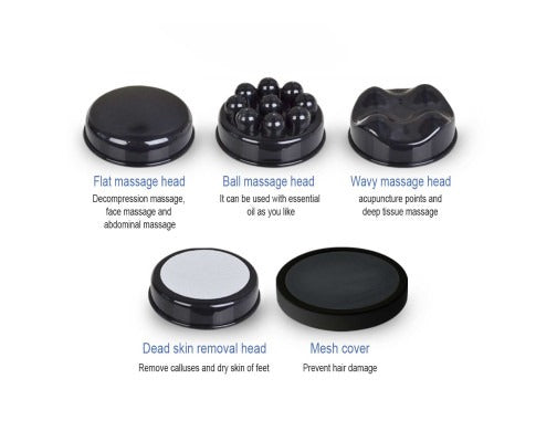 Five black interchangeable massage heads for the Fitlybuy PulseWave massager: flat, ball, wavy, abrasive, and mesh.