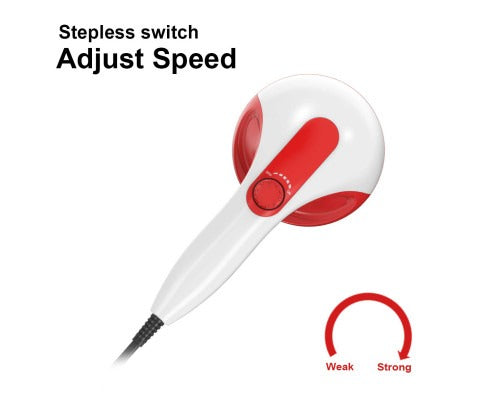 Fitlybuy handheld vibration massager in white and red with a stepless speed dial and cord on a white background.