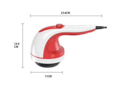 Fitlybuy red and white handheld PulseWave massager showing dimensions 23.6cm x 14.9cm x 11cm against a white background.