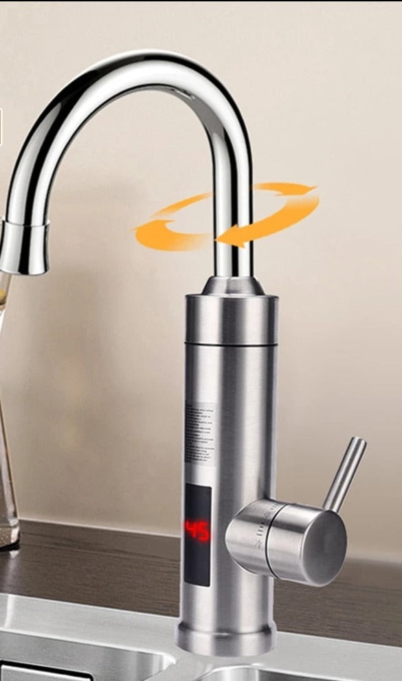 Fitlybuy chrome kitchen faucet with digital temperature display and swivel spout on a sink counter.