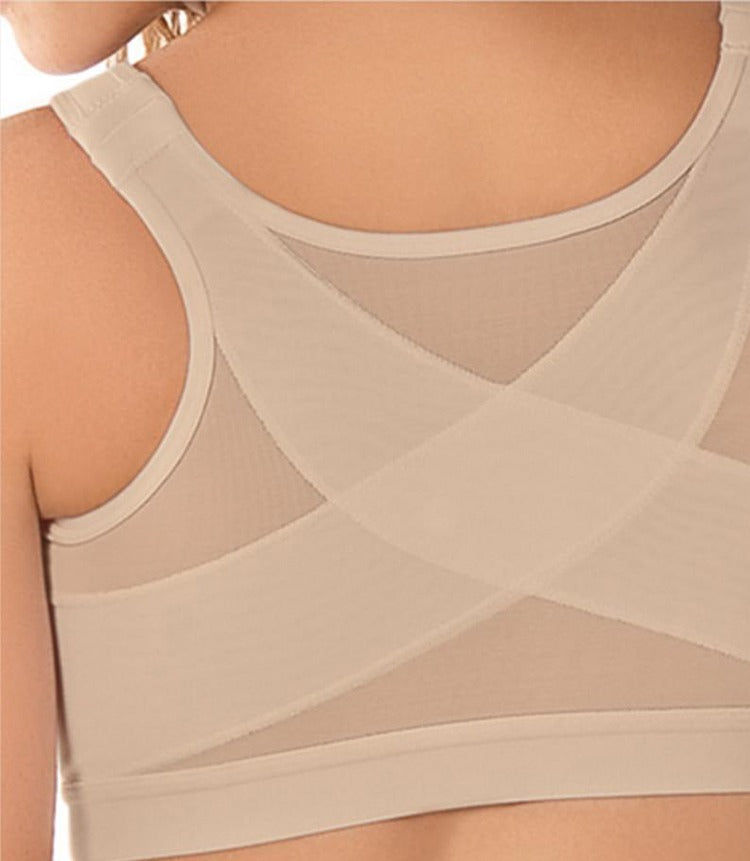Nude Fitlybuy PostureLift wireless bra with crisscross back support panels and breathable mesh fabric on a model.