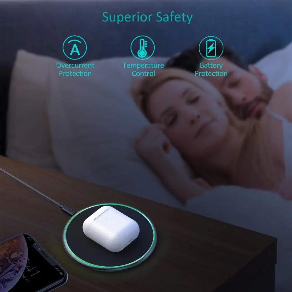Fitlybuy 30W wireless charging pad in black, showing AirPods charging with glowing light, safe-feature icons, and a phone.