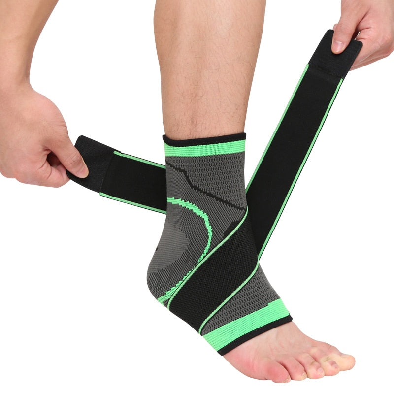 Hands securing a grey and neon green Fitlybuy compression ankle brace with adjustable stabilizer straps on a foot.