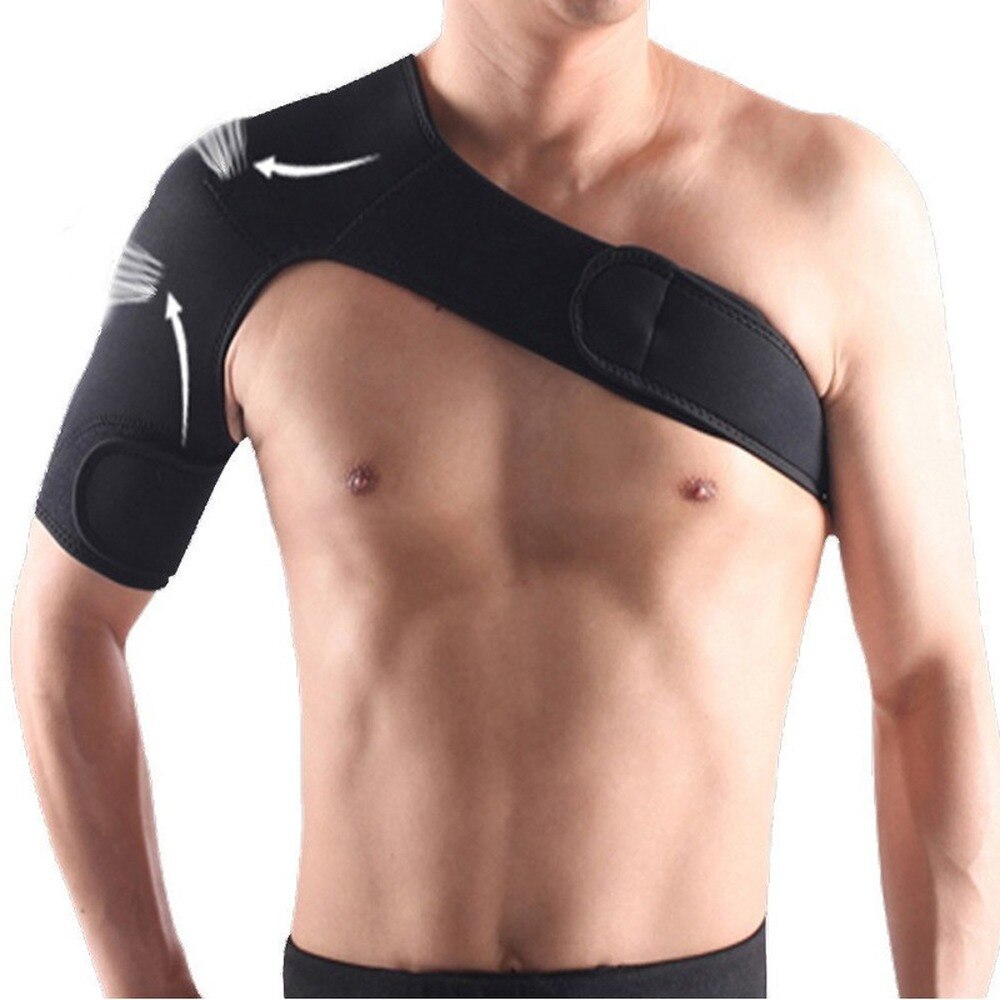 Fitlybuy black adjustable shoulder compression brace for stabilization, worn on a man's right shoulder.