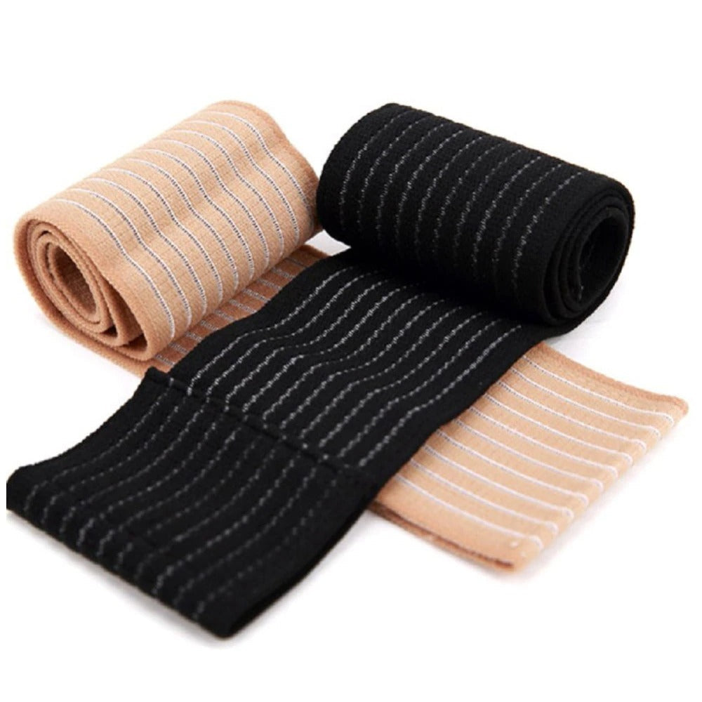 Two rolls of high-elasticity Fitlybuy compression bandages in beige and black with a striped, textured finish.