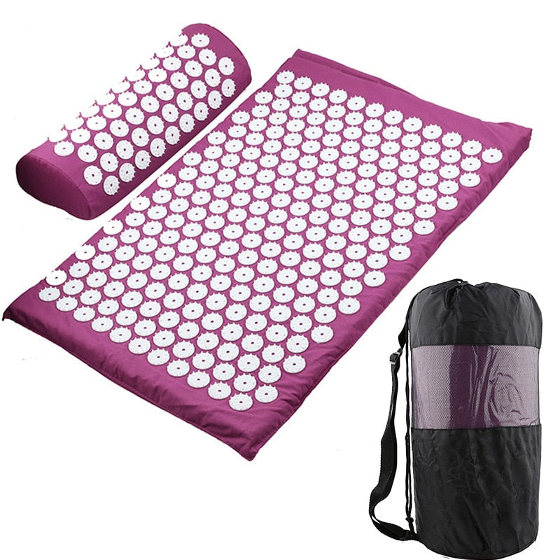 Fitlybuy purple acupressure mat and pillow with white plastic spikes, plus a black carrying bag on a white background.
