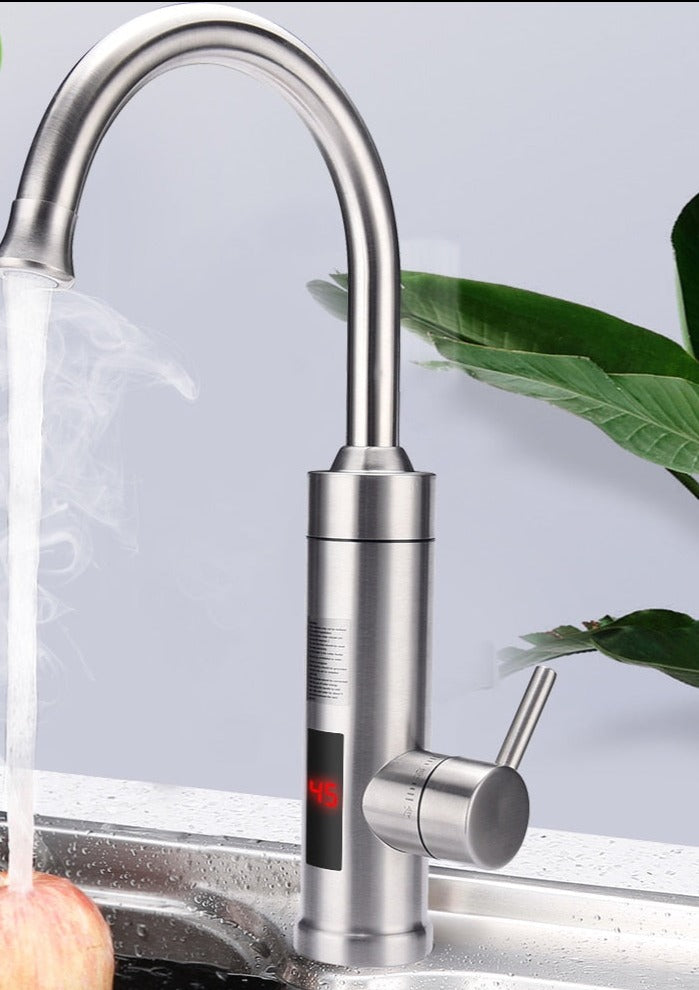 Fitlybuy brushed stainless steel kitchen faucet with digital temperature display, pouring steaming hot water.