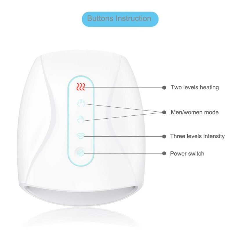 Fitlybuy white hand massager with control panel diagram showing heat, mode, intensity, and power settings.