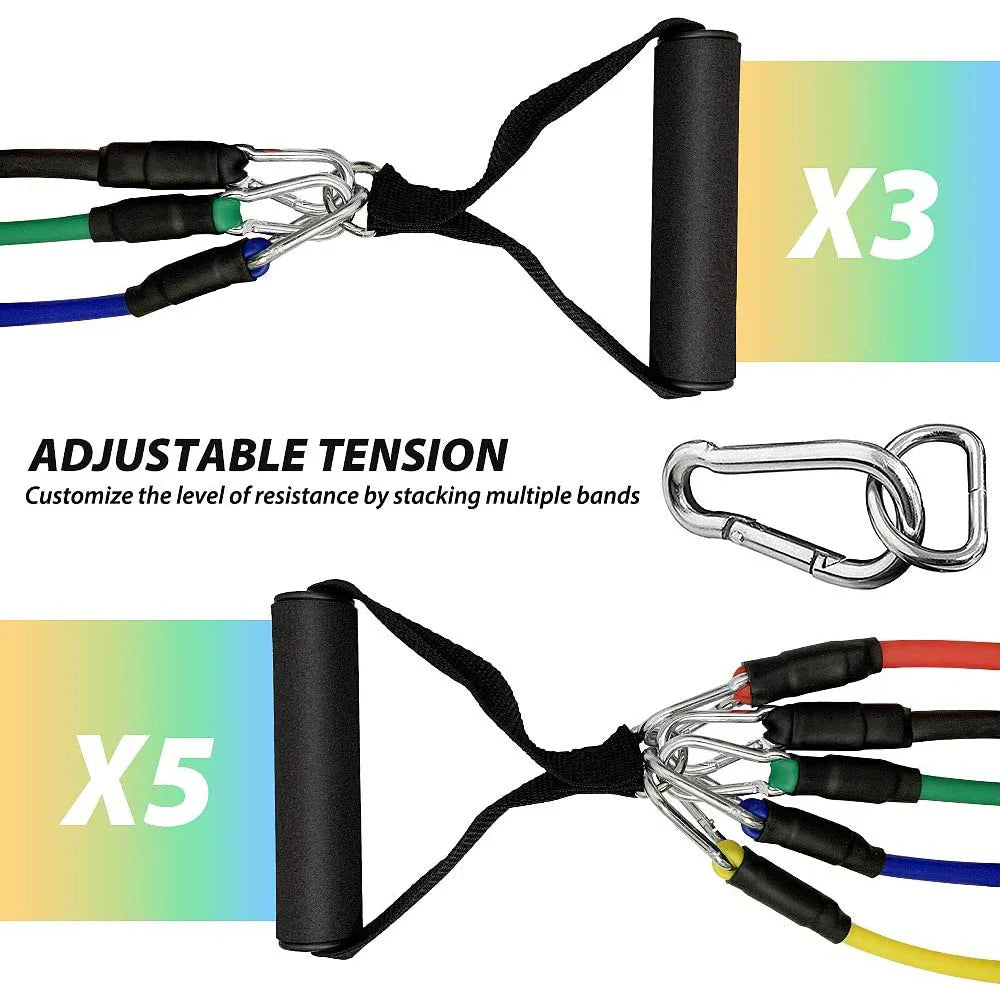 Fitlybuy 11-piece resistance band set with adjustable tension, showing stacked multi-colored bands attached to handles.