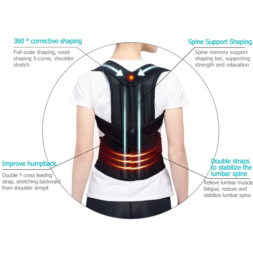 Person wearing black Fitlybuy Posture Corrector Pro with ergonomic back support straps and lumbar reinforcement labels.