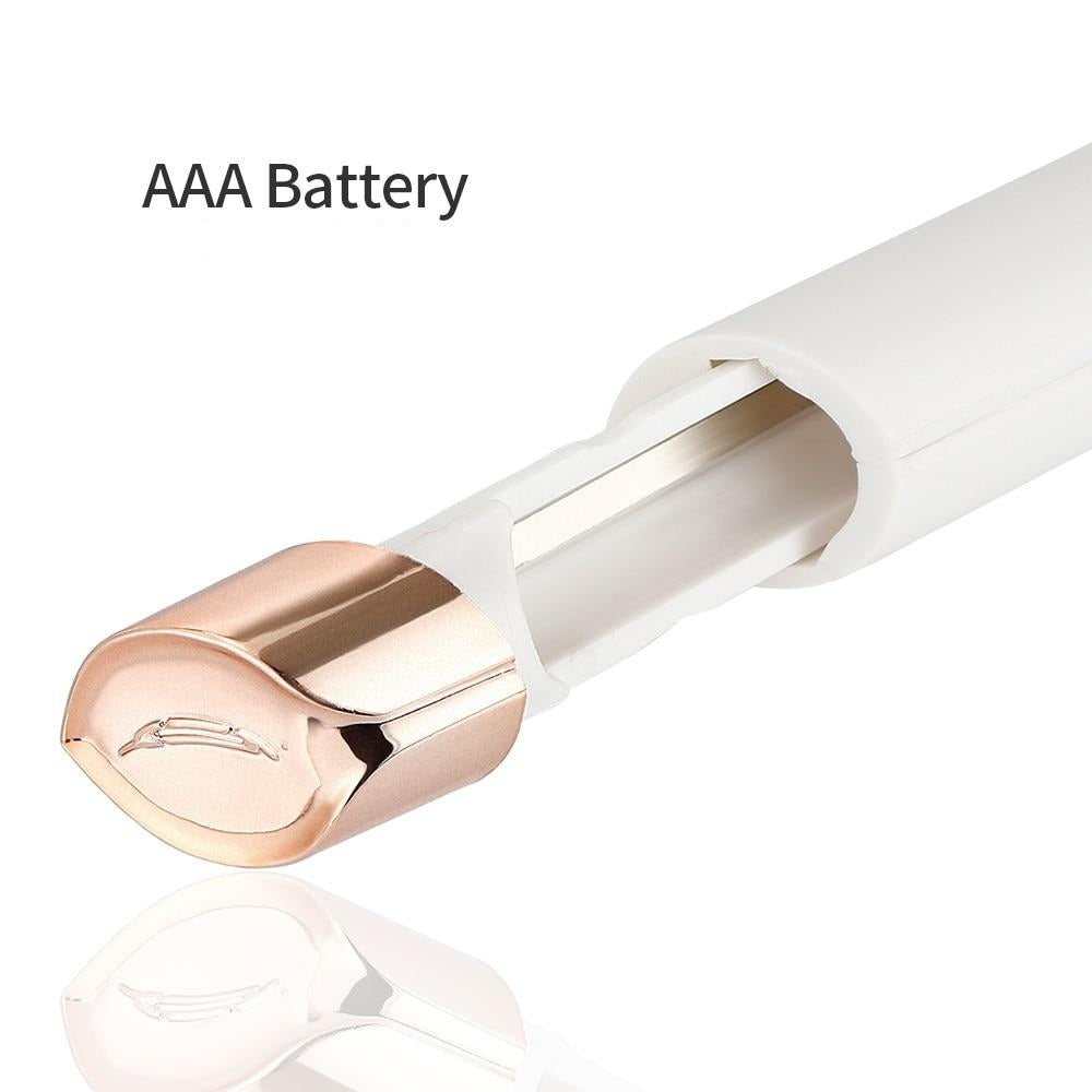 Fitlybuy SoftSkin facial hair remover with a white body, rose gold head, and AAA battery power source compartment.