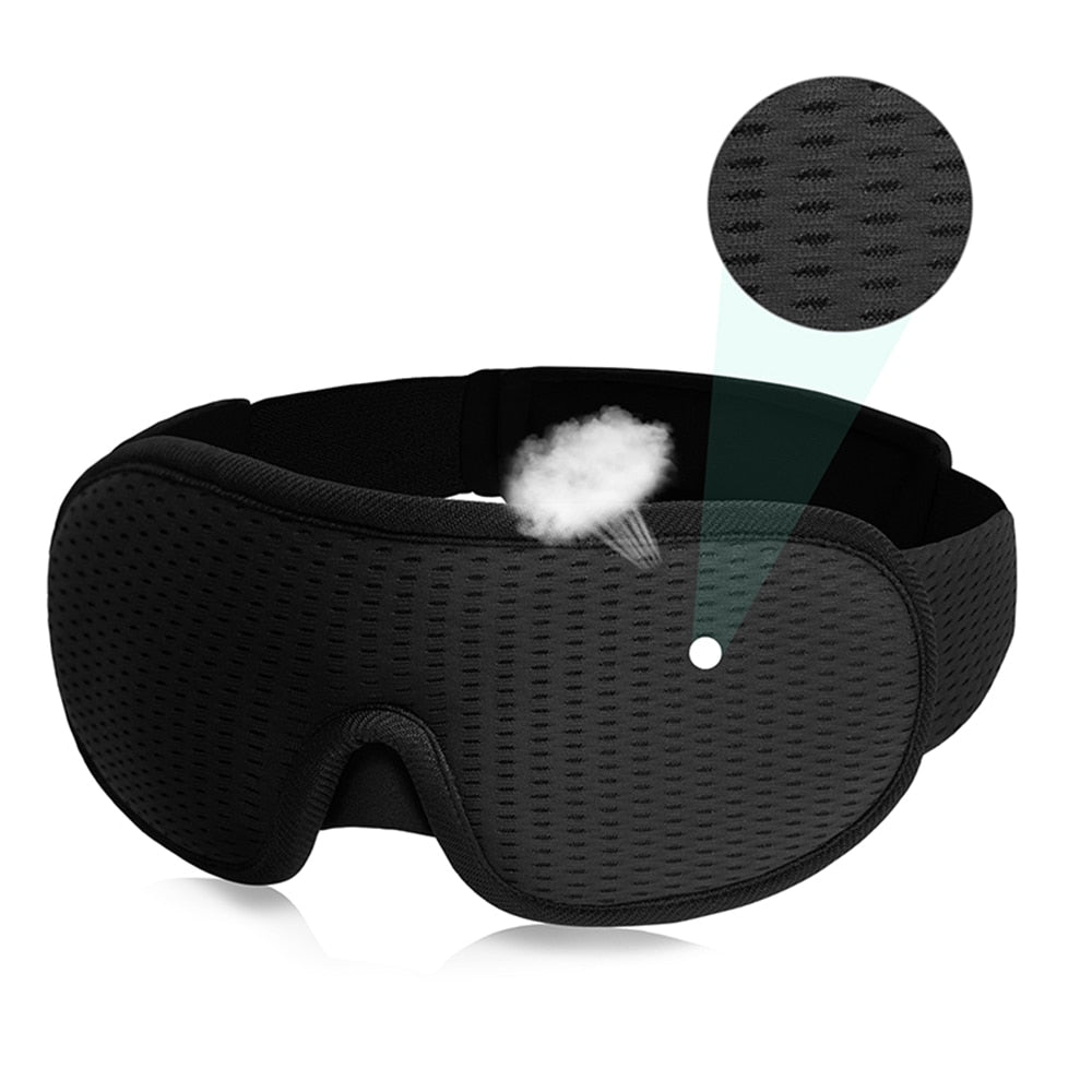 Black Fitlybuy 3D memory foam sleeping mask with breathable, mesh fabric design and adjustable strap.