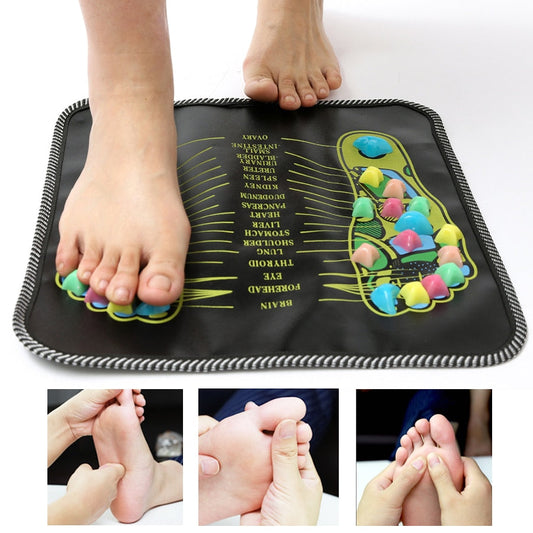 Fitlybuy reflexology mat with colored pressure stones and foot charts. Shows person using it and manual foot massage.