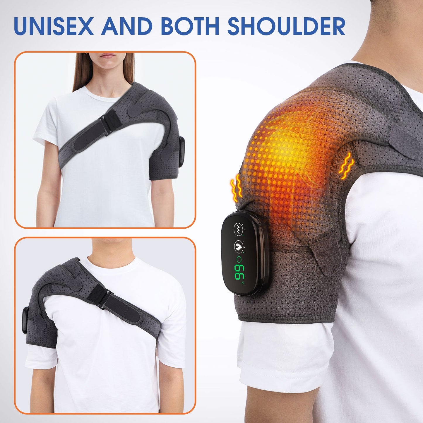 Grey Fitlybuy shoulder brace with heating and vibration technology, worn on left or right shoulder, with digital display.