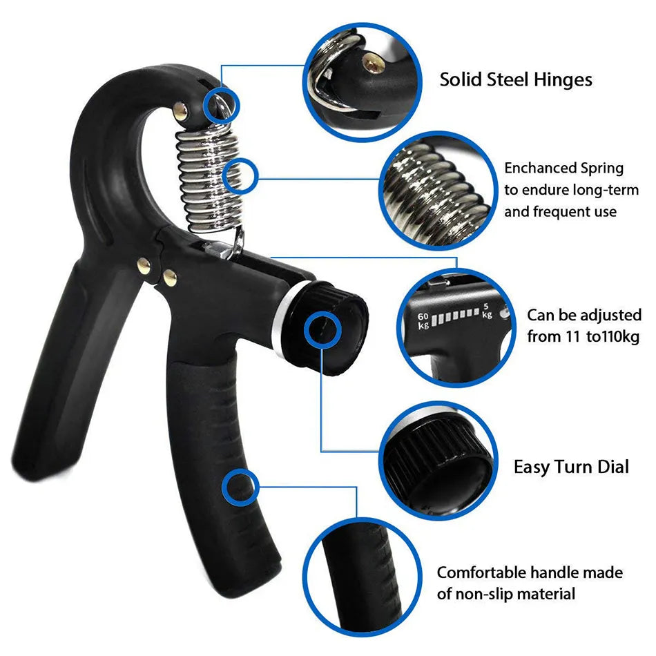 Fitlybuy black adjustable hand gripper with steel springs and dial for 11-110kg resistance and non-slip handles.