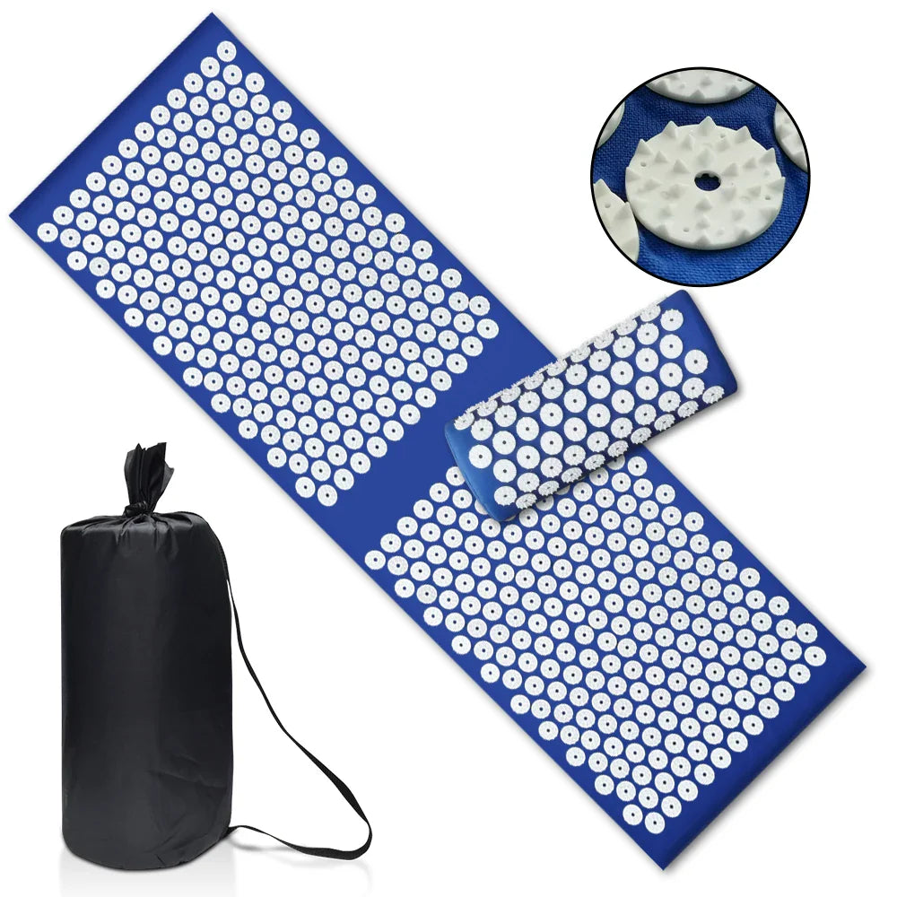 Blue Fitlybuy acupressure yoga mat with white spike discs, neck pillow, and black carrying bag.