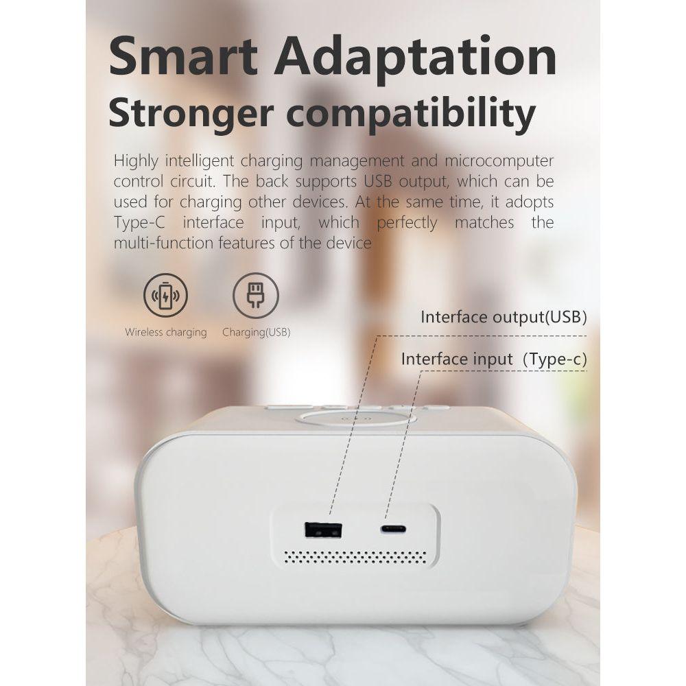 Fitlybuy white 2-in-1 alarm clock showing back panel with USB-A output and Type-C input for charging.