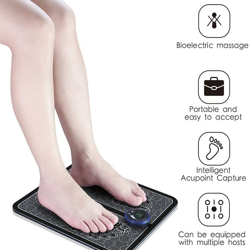 Fitlybuy black and white patterned EMS foot massager pad with digital controller and benefit icons.